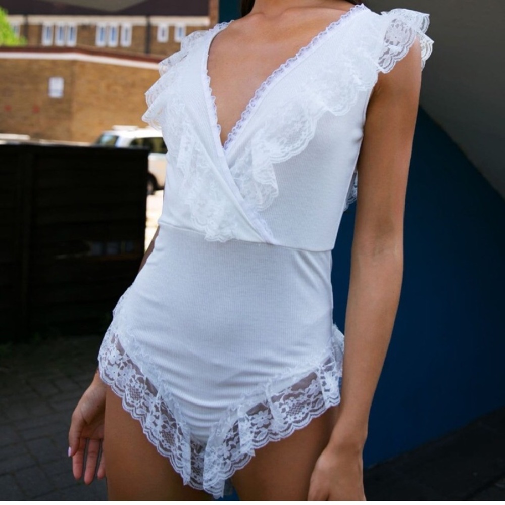 White ruffle lace bodysuit